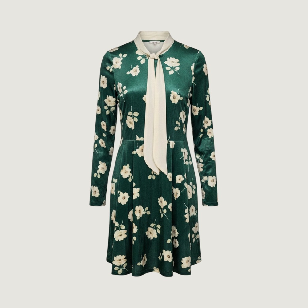 Smak Parlour Green Velvet Floral Mini Dress Long Sleeve Neck Tie Small